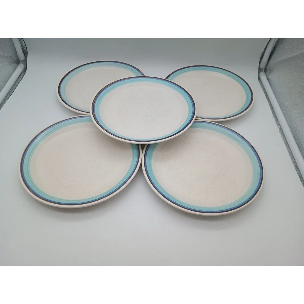 5 Vtg Franciscan Malibu Salad Luncheon Lunch Plates  Blue Brown Rings Stoneware